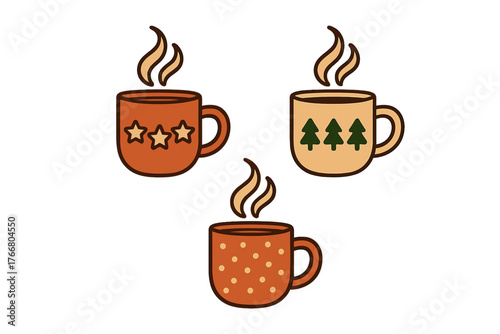 Three cozy mugs filled with hot drinks decorated with stars, trees, and polka dots for winter holidays