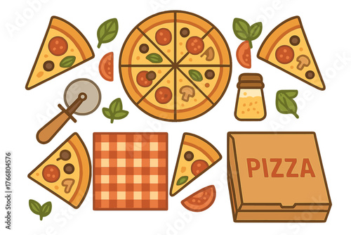 Delicious Italian pizza slices and whole pie with toppings, cutter, box, and fresh ingredients set