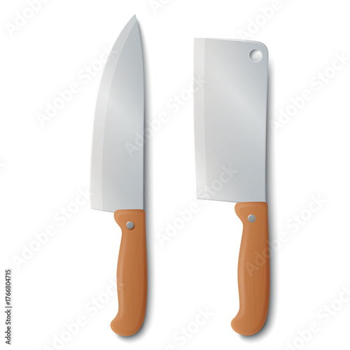 Vector 3d Chef Knife Icon Set, Top View. Stainless Steel Kitchen Knife, Isolated. Kitchen Knife with Brown Wooden Handle. Chef Knife Clipart, Design Template