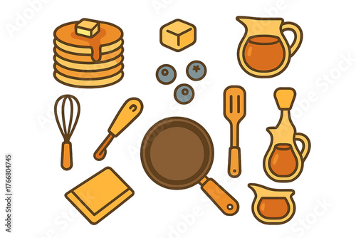 Delicious stack of pancakes with butter and syrup alongside cooking tools and fresh ingredients