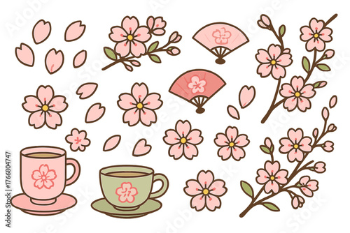 Cute set of pink Japanese sakura flowers, blooming branches, traditional fans, and teacups