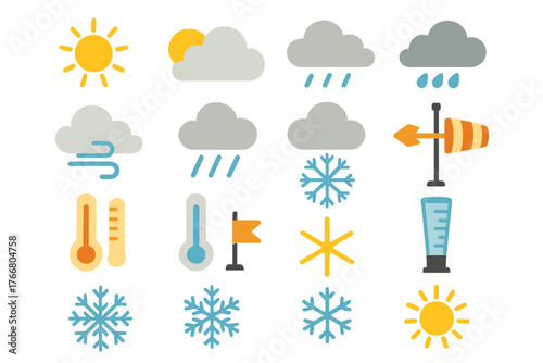 Flat design set of meteorological symbols including sun, clouds, rain, snow, wind, and temperature