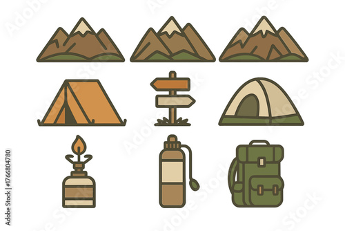 Outdoor adventure and camping equipment set featuring mountains, tents, and essential gear