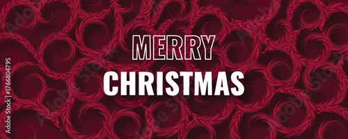Stylish, modern vector banner for Merry Christmas Bold white typography against a deep maroon background with an abstract, swirling floral holly pattern, creating a chic, wintry texture.