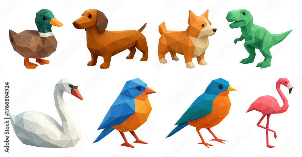 Fototapeta premium PNG Colorful low-poly animal figures, element set on transparent background