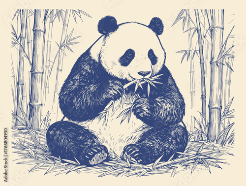Hand drawn giant panda sitting among tall bamboo trees, calmly enjoying its favorite meal of fresh bamboo leaves in nature.
