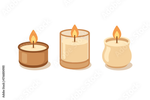 Three burning scented candles in tealight, glass jar, and ceramic pot holders