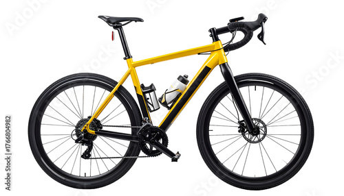 Yellow bicycle with black accents, on a transparent background, featuring road tires and a water bottle