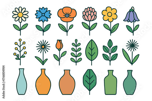 Colorful stylized collection of various flowers, green leaves, and decorative ceramic vases