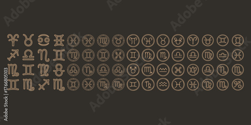 Astrology Zodiac Signs Minimalist Icon Set for Horoscopes and Predictions