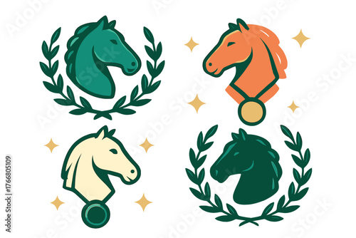 Set of stylized horse head badges and emblems symbolizing equestrian sport achievement and victory