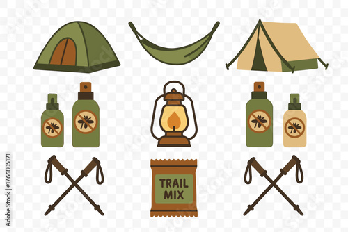 Bundle of essential outdoor recreation items including tents, hammock, insect repellent, and trail mix