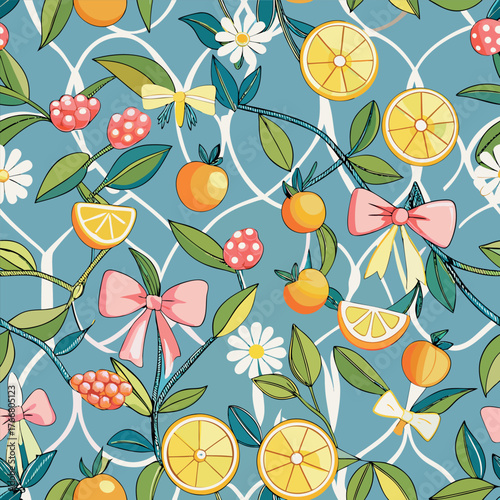 Seamless pattern of citrus fruits, green leaves, and decorative bows on a light blue background.