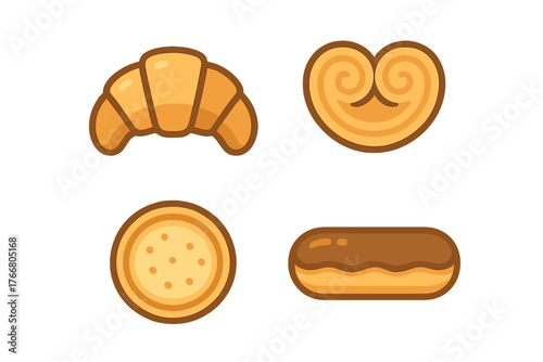 Set of classic French baked goods including croissant, palmier, cookie, and eclair