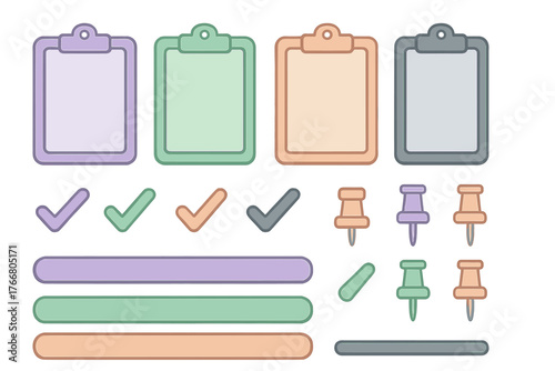 Pastel colored clipboards checkmarks and pushpins set for planning and organization