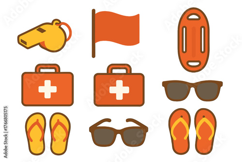 Lifeguard safety gear set with whistle flag rescue buoy first aid kit sunglasses and sandals