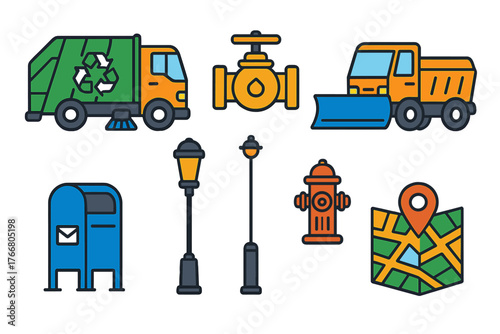 Essential municipal services and city infrastructure symbols and utility vehicles