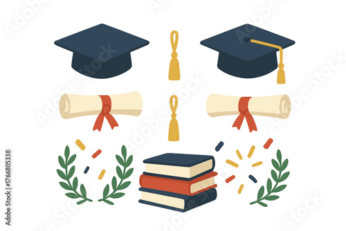 Set of academic symbols including graduation caps, rolled diplomas, tassels, and a stack of books