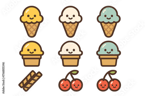 Happy dessert characters including ice cream cones cups wafers and smiling cherries