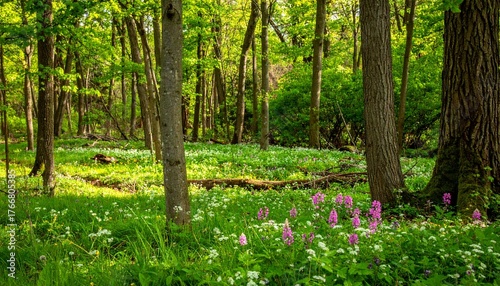 Forest clearing with wildflowers in bloom, surrounded by tall green trees and soft daylight in late spring woodland