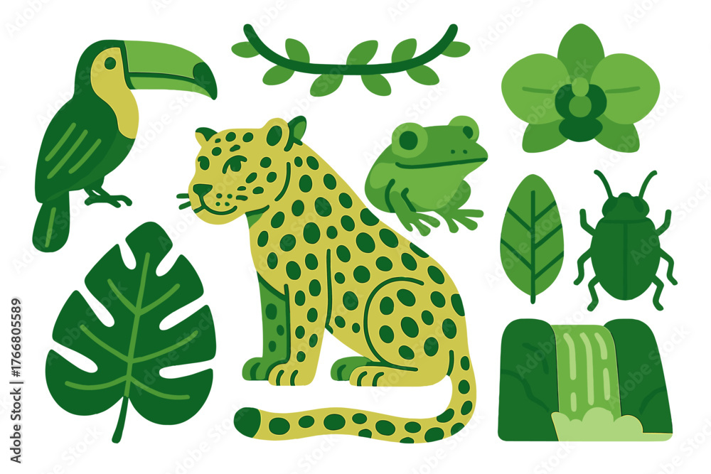 Obraz premium Tropical jungle animals and plants collection featuring jaguar toucan frog and foliage