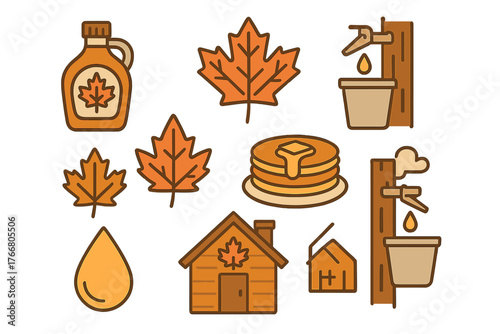 Maple syrup production and consumption elements: leaves, pancakes, sugar shack, tapping trees