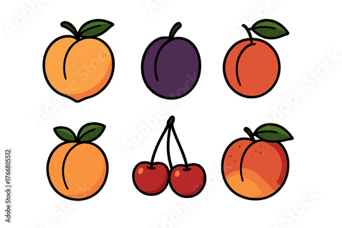 Colorful summer fruits collection including peaches plums and cherries on white