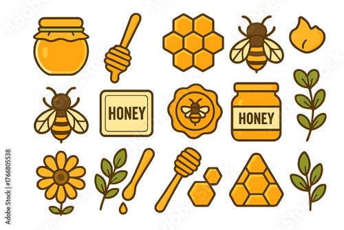 Sweet natural honey products and beekeeping elements including jar, dipper, and honeycomb