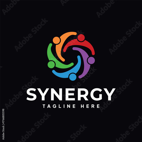 Synergy Logo Design on Black Background - Colorful Unity and Collaboration Symbol Vector.