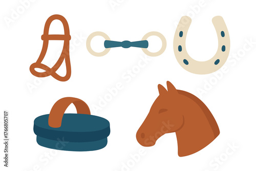 Collection of essential equestrian accessories including horseshoe, stirrup, bit, and grooming brush