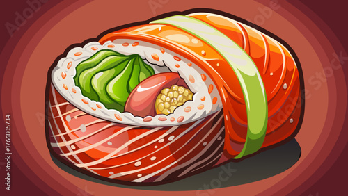 Very beautiful, delicious fresh sushi roll maki with tuna and mayonnaise, Japanese cuisine, gourmet seafood dish, elegant presentation, vibrant colors, and authentic culinary art with rich flavor.