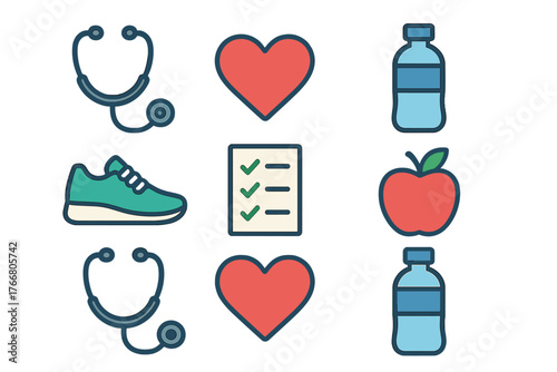 Essential symbols for health, wellness, fitness, and medical care elements