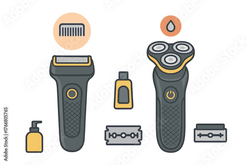Electric foil and rotary shavers with razor blade and small bottles of shaving oil or lotion