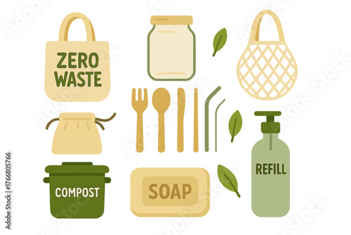 Zero waste lifestyle collection of reusable and eco-friendly products for sustainability