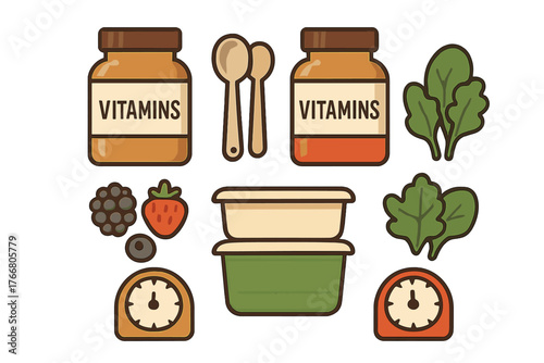 Collection of icons for healthy eating, vitamins, meal preparation, and nutrition supplements
