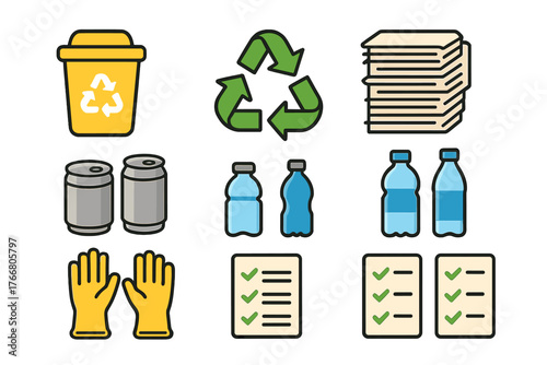 Detailed collection of recycling and waste management symbols including trash bins, paper, plastic, and checklist items