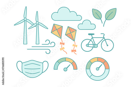 Sustainable energy and air quality concept featuring wind turbines, bicycle, and protective face mask symbols