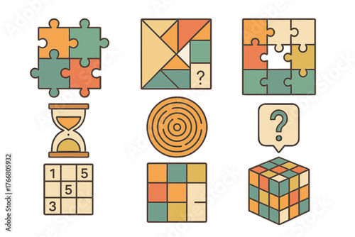 Colorful logic puzzles and brain games icons featuring problem-solving elements, jigsaw pieces, and tangram shapes
