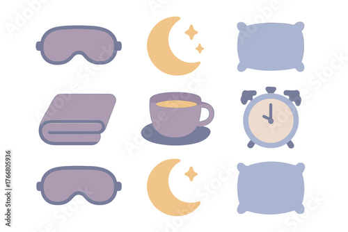 Comfort and sleep routine symbols including mask, pillow, moon, clock, and blanket