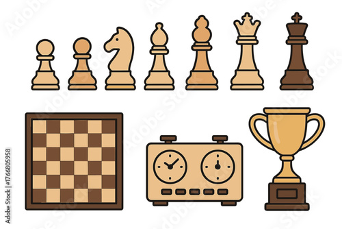 Collection of essential chess game elements: pieces, board, timer, and championship trophy