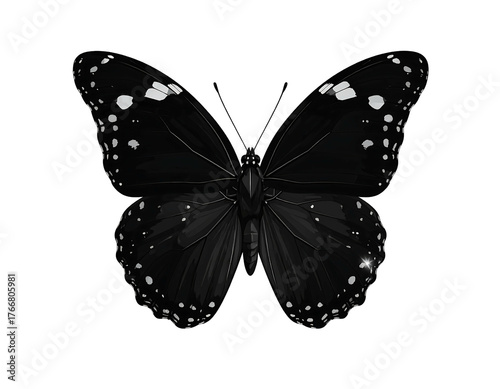 A darkly detailed, symmetrical butterfly illustration, isolated on a plain black background with white dot markings