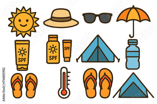 Summer vacation and camping essentials including sun protection and outdoor gear