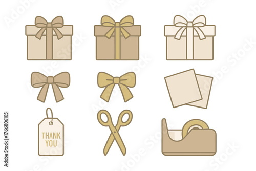 Set of gift boxes, ribbons, bows, scissors, tape dispenser, and thank you tag icons for packaging design
