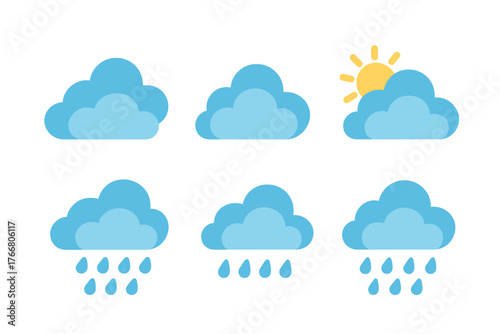 Six minimalist weather icons featuring blue clouds, yellow sun, and falling raindrops