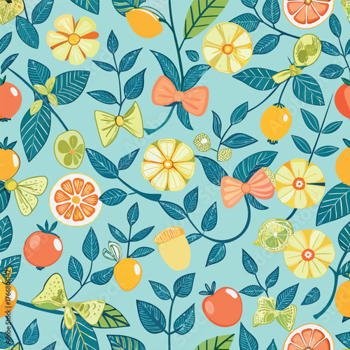 Seamless pattern of citrus fruits, green leaves, and decorative bows on a light blue background.