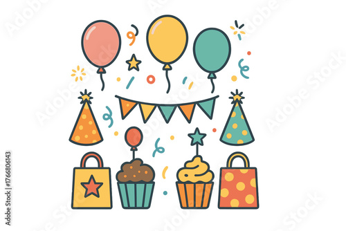 Colorful birthday party celebration elements set with balloons, hats, and sweets