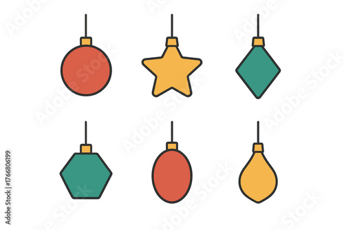 Six colorful hanging Christmas ornaments featuring geometric shapes and festive holiday colors