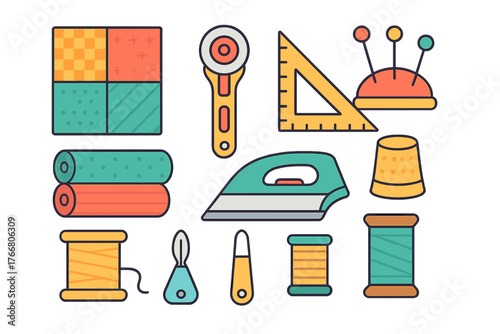 Colorful sewing and quilting tools including fabric, thread, rotary cutter, iron, and thimble