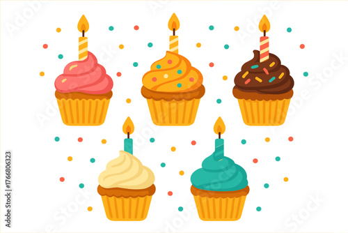 Five festive cupcakes topped with colorful frosting and lit birthday candles