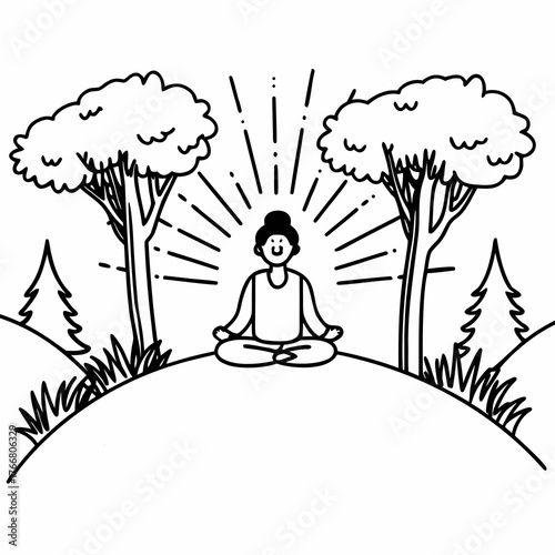 Vector coloring book illustration of a cartoon tree silhouette in a forest drawing for child and woman yoga and meditation art